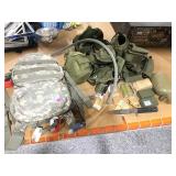 Survival knife, Camo camel pack, canteens,