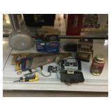 Hand saws w/toy slot machine, canteen, lantern