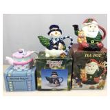 3 decorative tea pots. Christmas and tea time.