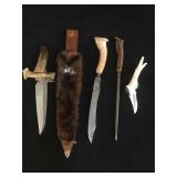 Antler handled knives, 1 w/ fur sheath, longest