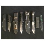 4 sheathed knives, 3 hunting knives, 1 throwing