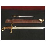 Brass & wood handled short sword w/ sheath &