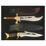 2 brass & wood handled knives w/ sheaths, longest