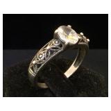 Sterling ring  / clear gemstone, stamped JR, size