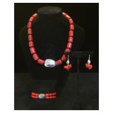 Red coral & Sterling necklace, bracelet& earring