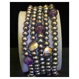 Black Pearl & purple gemstone bead stretch