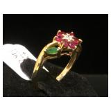 14k GOLD RING, W/Diamonds, Ruby & Emeralds, size