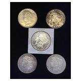 5- MORGAN & PEACE SILVER DOLLARS, 5 x $