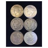 6- MORGAN & PEACE SILVER DOLLARS, 6 x $