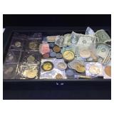 Assortment of damaged currency, foreign coinage &