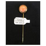 14k GOLD & Pink Coral stick pin, 2.9g