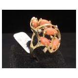 14k Gold ,Diamond & Coral ring, size 5.5, 6.8g