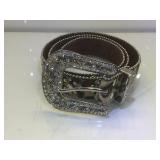 Rhinestone studded leather leopard print belt,