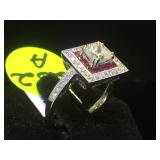 Platinum cast Diamond & Ruby ring, size 6, w/