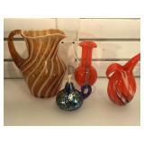 4 hand blown art glass pieces, Fenton pitcher 8