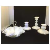 Fenton milk glass candle holders & candy dish