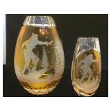 2- Julia hand cut crystal  amber vases, made in