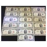 Currency, 9- Red Label $2 notes, 4- $1 Silver