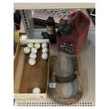 Vtg horse shoes, gas can & more