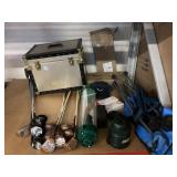 Metal storage box, golf clubs, bird feeder,