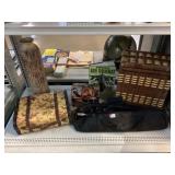 Camera tripod, vtg suit case, hamper & more
