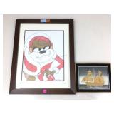 Cork art ship and Taz drawing framed to 20x16