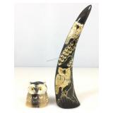 Carved Water Buffalo Horn w/ Owl Designs