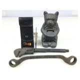 Vtg Ford tools, cast iron bear bank & brass