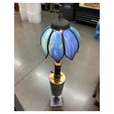 Vtg Stained glass Blue lamp w/brass accents