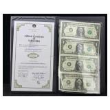 Uncut Sheet Of $1 Dolar Bills W/certificate