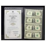 Uncut Sheet Of $1 Dolar Bills W/certificate