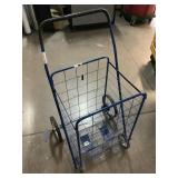 Folding blue grocery cart, approx 18x16x29in
