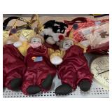 Porcelain clown dolls, totes & more