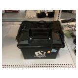 Tumi messenger bag and plastic ammo can.