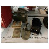 Tasco binoculars, shovel with sheath, old boy