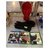 Red head display, game discs, swiss tech gloves.
