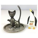 Pewter cat ring holder & bone china penguin, Sea