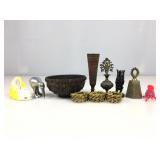 Miniature brass figurines, vases, bell & wooden