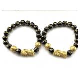2 Feng Shui Black Quartz Bead Bracelet, Sz 7ï¿½in