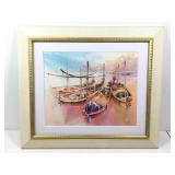 Signed Original Thai Boat Harbor Watercolor