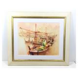 Signed Original Thai Boat Harbor Watercolor
