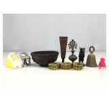 Miniature brass figurines, vases, bell & wooden