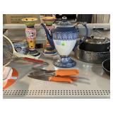 Rachel Ray gusto grip knives, decorative teapot,