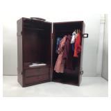 Wood doll storage chest tote with contents