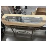 Metal wood Hall table w/glass top, approx 53in