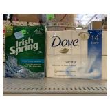 Irish spring and Dove soap bar packs.