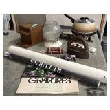 Posters, vtg iron & glass wall light, fondue set