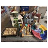 Kitchen ware, utensils, platter, pitchers, stool