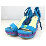 Gianni Bini wedge shoe, blue suede fabric w/pink