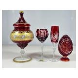 Vtg ruby red/gold lidded jar, 13 in tall, cut